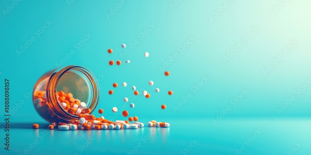 Poster Minimalist image of an open bottle with pills spilling out against a bright blue background featuring copyspace.