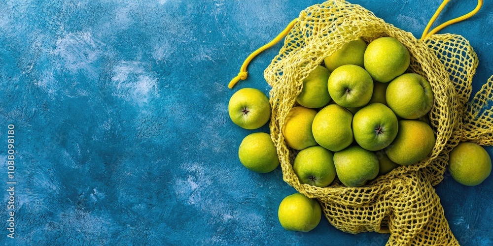 Poster A yellow string bag filled with green apples rests on blue concrete. The image includes copy space and is viewed from above.