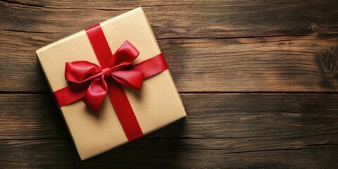 Fototapeta premium Gift box made of craft paper with a red bow on a close-up of a brown brushed wooden background.