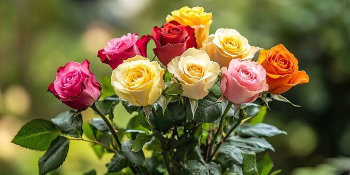 A bouquet of multicolored roses, vibrant fresh roses set against a garden background with leaves, featuring free copy space.