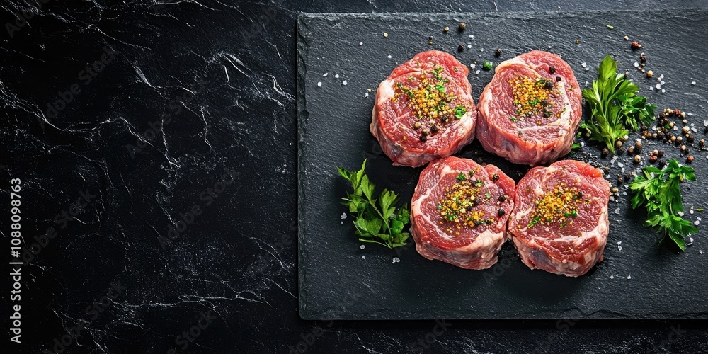 Poster raw osso buco meat with seasonings on a dark stone surface. top view with copyspace.