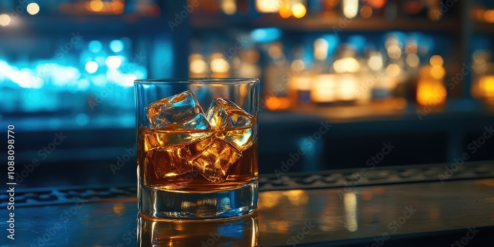 Poster a glass of whiskey with ice. background featuring copy space. a glass of liquor on the bar counterto