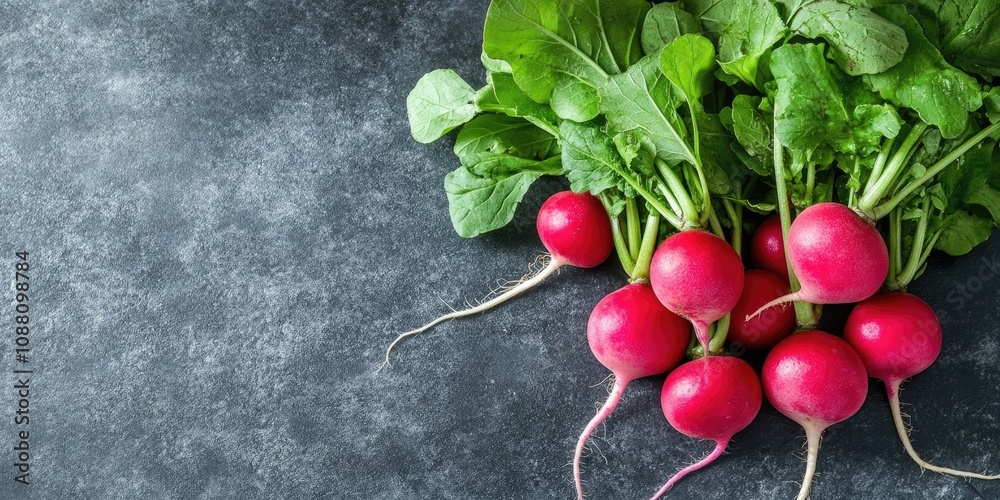 Poster A cluster of fresh radishes on the table in close-up. Background features radishes from a top view. Copy space available.