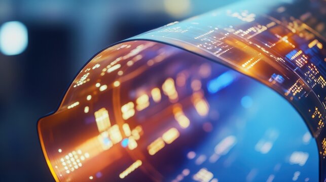 A detailed view of a flexible organic light-emitting diode (OLED) display, showing bendable and lightweight screen technology, Display technology style