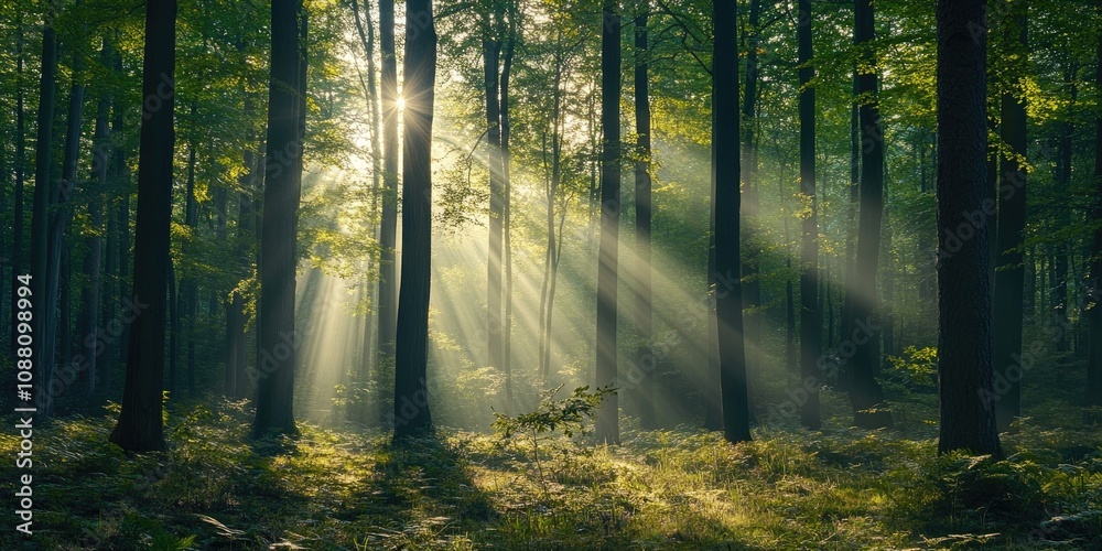 Poster the morning sun's rays filter through the branches of a deciduous forest in siebenbrunn, close to au