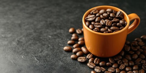 Fototapeta premium Coffee beans in a coffee cup on a black backdrop. Space for your text. Copy space.