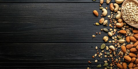 nuts and cereal seeds on a black wooden table background