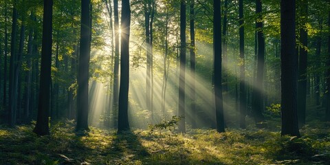 Fototapeta premium The morning sun's rays filter through the branches of a deciduous forest in Siebenbrunn, close to Augsburg.