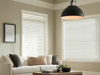 Modern Living Room With White Blinds And Comfortable Sofa