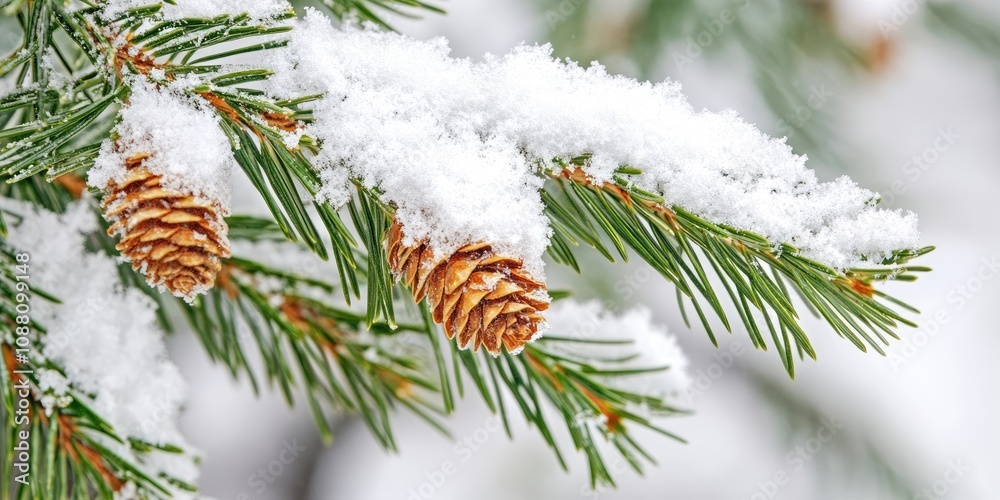Poster pine branch and needles blanketed with snow