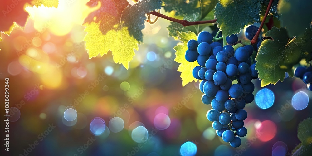 Poster close-up image of a vine branch featuring green leaves and an isolated dark blue ripe grape cluster 