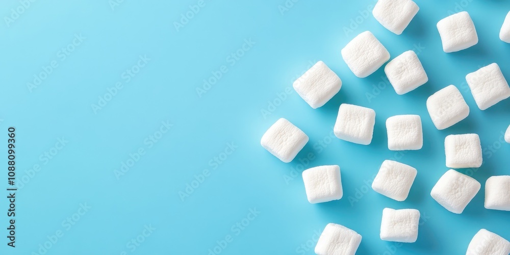 Poster marshmallows against a blue background with copyspace. flat lay or top view.