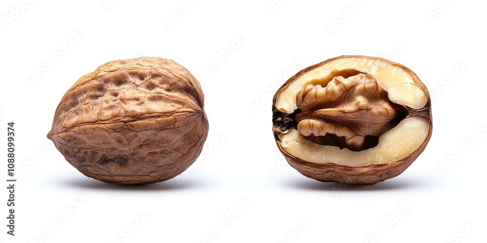 Poster Whole walnut, half in its shell with the walnut shell intact on the back, set against a white isolated background.