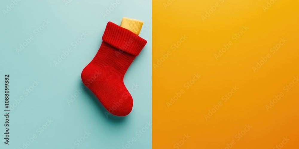 Aufkleber Santa red sock viewed from above on a colored background with empty space. Christmas background.