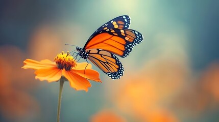 Obraz premium A monarch butterfly landing on a vibrant orange wildflower, with a soft-focus background.