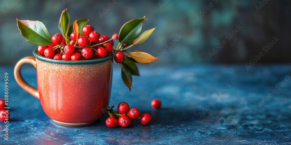 Poster honeysuckle berries in a cup on a table with copyspace.