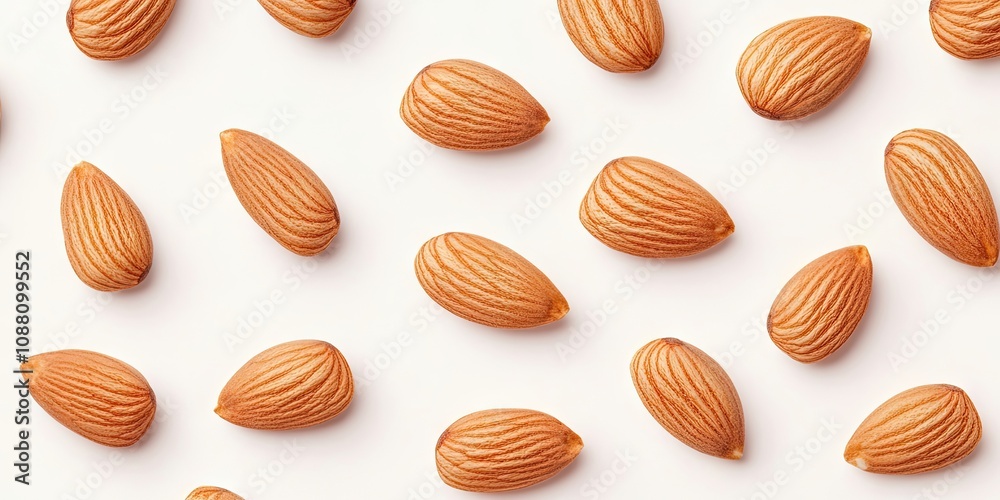 Poster almonds arranged in a flat lay pattern with circular copy space for text. whole and peeled almond nu