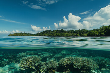 Naklejka premium A vibrant coral reef teeming with colorful marine life under a clear blue sky