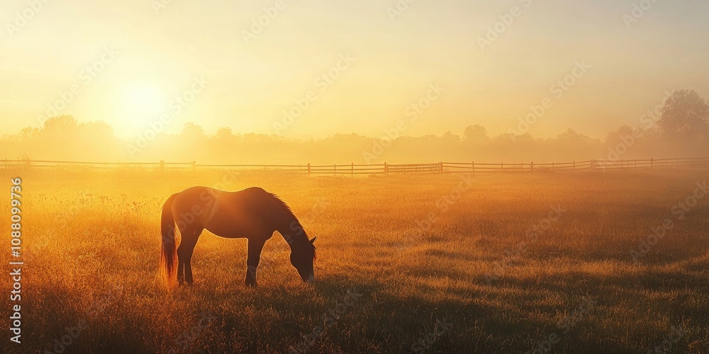 Poster a horse grazing in a field during sunrise. copyspace available for text.