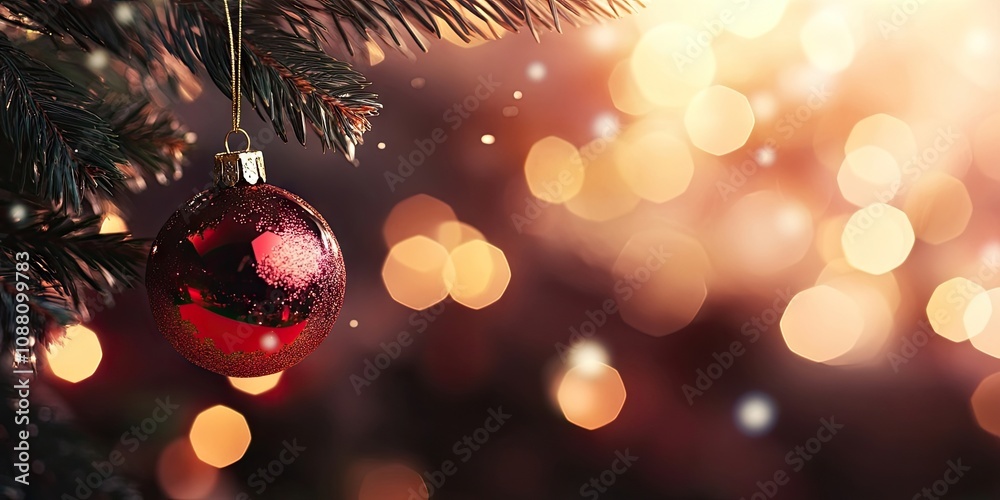Poster christmas ball hanging on a christmas tree branch with a blurred shiny background. space for text.