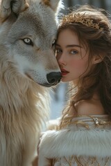 An enchanting romance of a princess and wolf amidst a snowy forest, capturing their connection with the elegance and allure of a romantic novel cover