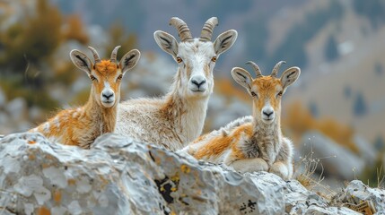 Obraz premium Three wild goats resting on rocky mountainside.