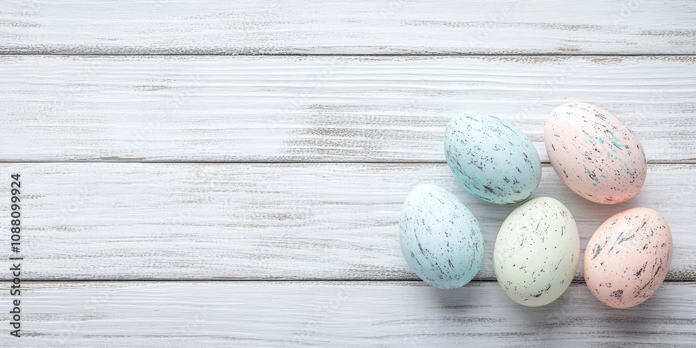 Poster easter eggs from a top view on a white or gray rustic wood background with space for copy, text, or 