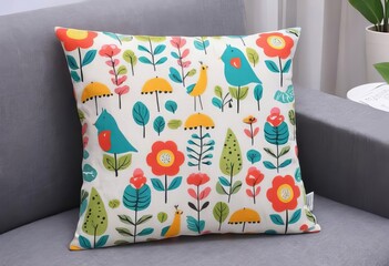 A cushion cover with a cute cartoon design on a sofa in a living room setting