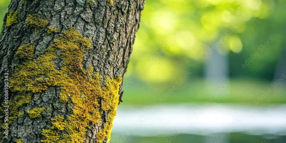 Aufkleber Close-up view of a tree trunk completely covered in vibrant moss near the pond with ample copy space.