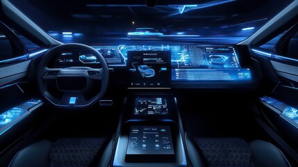 Futuristic car interior with digital dashboard and blue ambient lighting.