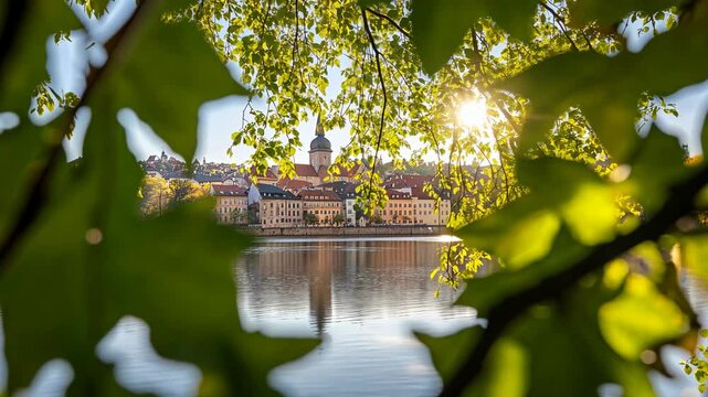 The image captures a tranquil river scene in Passau, Germany