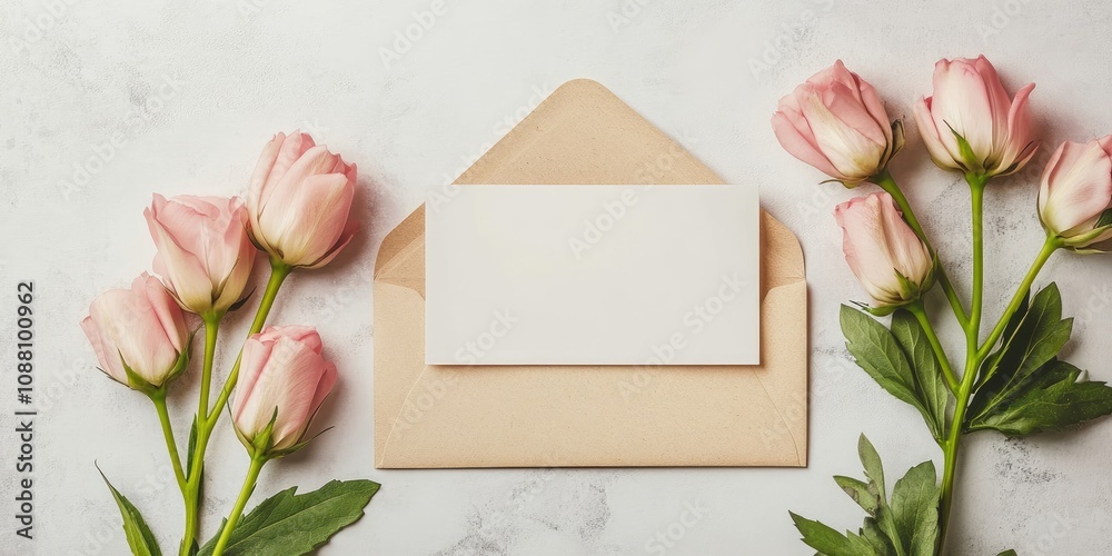 Poster envelope with a blank card and flowers on a light backdrop.