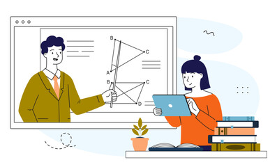 Woman with online teacher. Young girl watching lecture on Internet. Remote learning and training, education. Student doing homework. Linear vector illustration