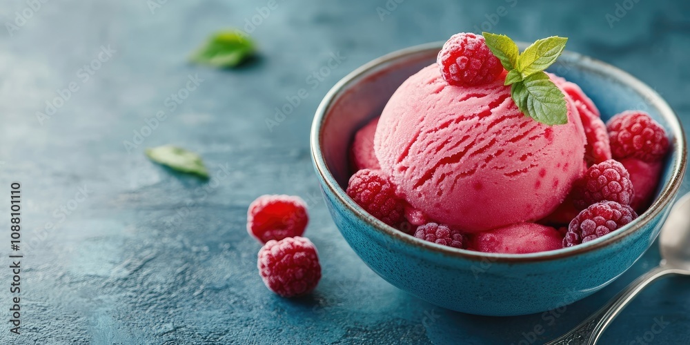 Poster raspberry sorbet, an ice cream scoop topped with fresh berries in a bowl against a blue stone backgr