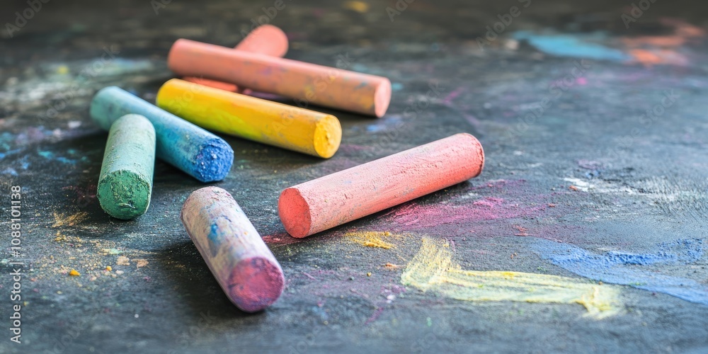 Poster copy space featuring various colored chalks on the floor.