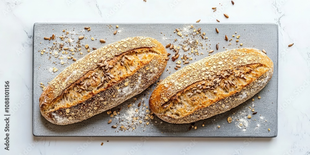 Poster bread topped with seeds and flakes on a gray cutting board against a white background from a top vie