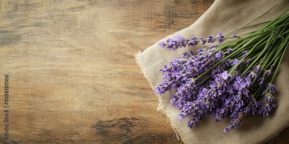Poster A bundle of lavender flowers resting on a cloth on a wooden surface with copy space. A bundle of lavender flowers resting on a cloth on a wooden surface with copy space.