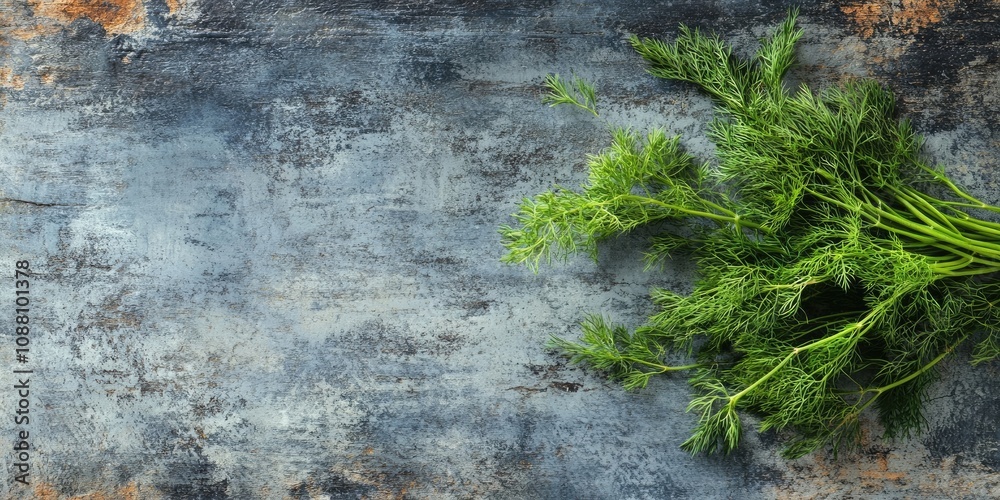 Poster a bunch of fresh dill on a weathered rustic background. top view, flat lay, copyspace.