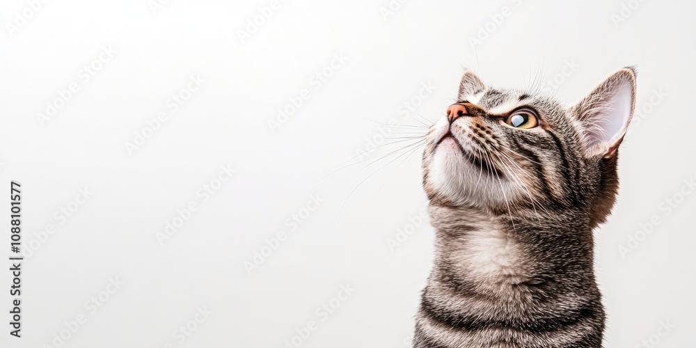Poster close-up of a curious grey tabby cat gazing up at the copyspace area, set against a white background