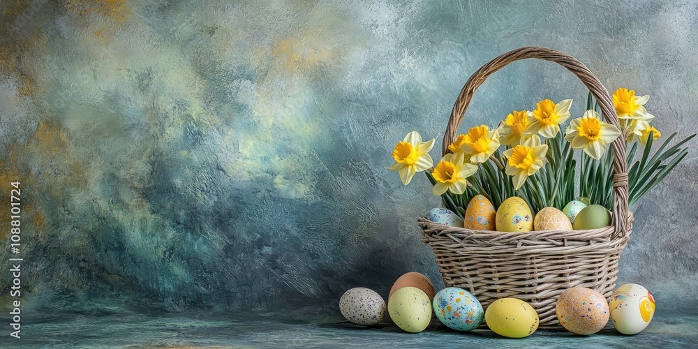 Poster spring easter backdrop featuring daffodils and easter eggs in a basket.
