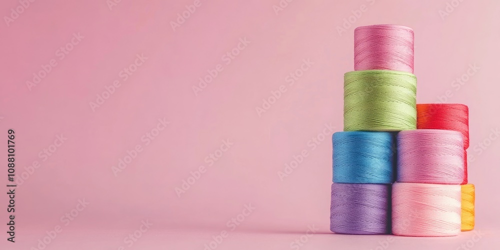 Poster Multi-colored spools of sewing thread on a pink backdrop. Copyspace for text. Horizontal layout.