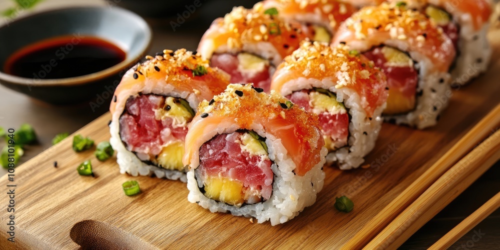 Poster rolls containing tuna and pineapple chunks. the roll is topped with rice sticks. sushi is presented 