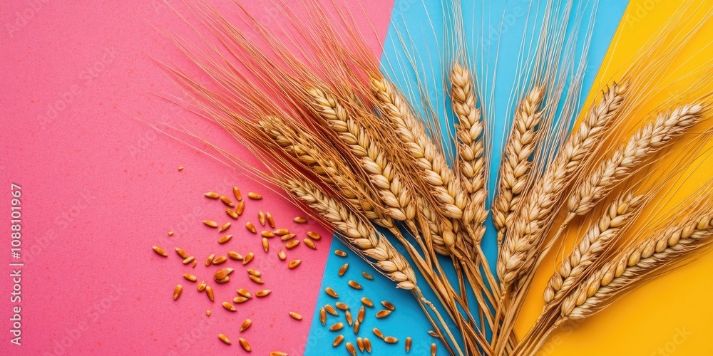 Poster close-up of a sheaf of wheat ears and seeds on a colorful background. represents natural cereal plan