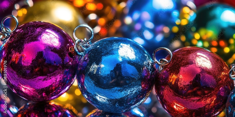 Poster christmas ball texture on a shiny, reflective colorful chain texture.