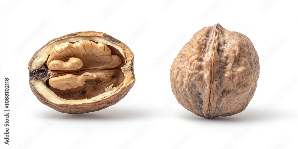 Poster Whole walnut, half in its shell with the walnut shell intact on the back, set against a white isolated background.