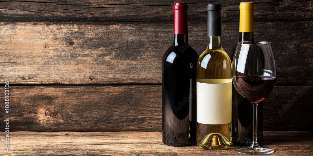 Poster Unopened bottles of red and white wine. Wine bottles and an empty wine glass on a rustic wooden table. Copy space.