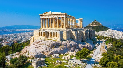 Naklejka premium The image showcases the Parthenon in Athens, Greece, standing majestically atop a rocky hill, surrounded by a vast cityscape against a clear blue sky.