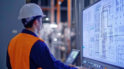 A factory worker wearing a hard hat and safety vest monitors a large digital screen displaying industrial data.