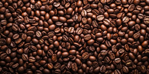Fototapeta premium Top view of brown roasted coffee beans, usable as a background, with copy space for text.