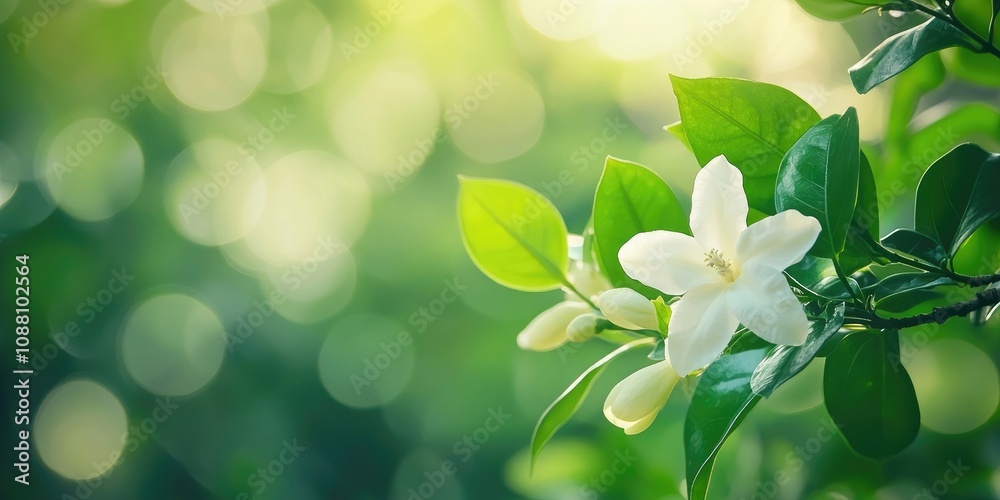 Leinwandbilder soft focus of a flower against a blurred background of branches and leaves (cape jasmine, cape garde